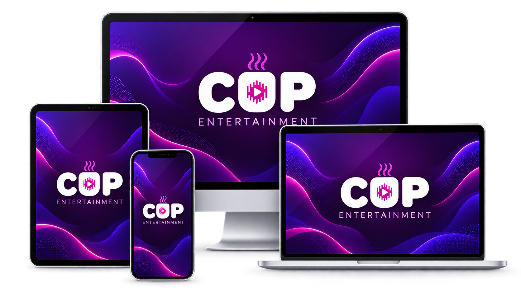 CUP Entertainment shown on a mobile phone, tablet, laptop and LED TV